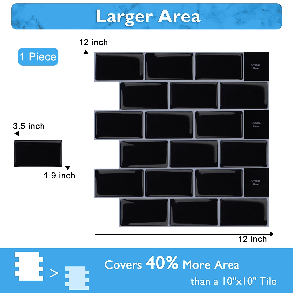 Vividtiles Big Size 12*12 inch Self adhesive Removable Waterproof Wallpaper 3D Peel and Stick black subway Tiles - 1 Sheet