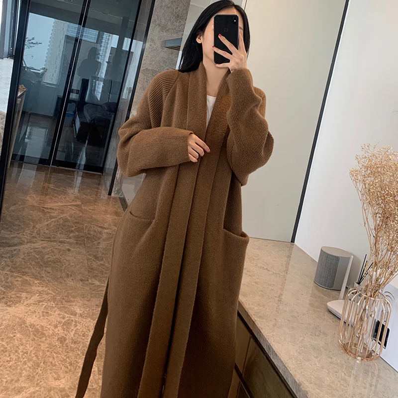 [ZAYAU]Robe Shaped Coat Alpaca Long Sweater Soft Thick Lazy Loose Lace Knitted Cardigan Women 2021