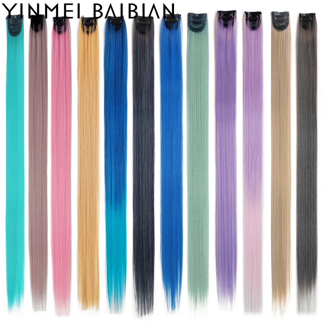 Long 22inch Colored Clip In Hair Extensions Straight Synthetic Rainbow Hair Clips Grey Blue Purple 12 Colors Hairpieces