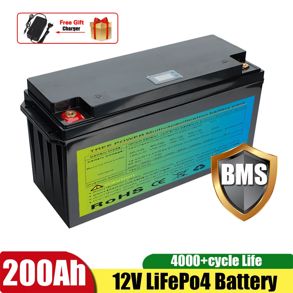 LiFepo4 12V 200Ah Solar Lithium Iron Battery pack portable for Outdoor power supply electric propeller +20A charger