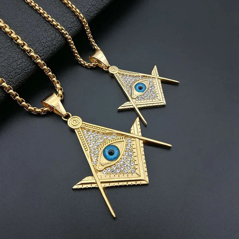 Hip Hop Bling Iced Out Stainless Steel Illuminati Eye Freemasonry Masonic Pendants Necklaces for Men Rapper Jewelry