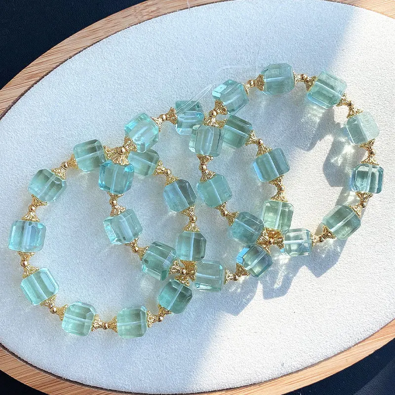 Natural Green Fluorite Quartz Bracelet Clear Cube Rectangle Beads Green Fluorite 10x10mm Women Men Jewelry Love AAAAA