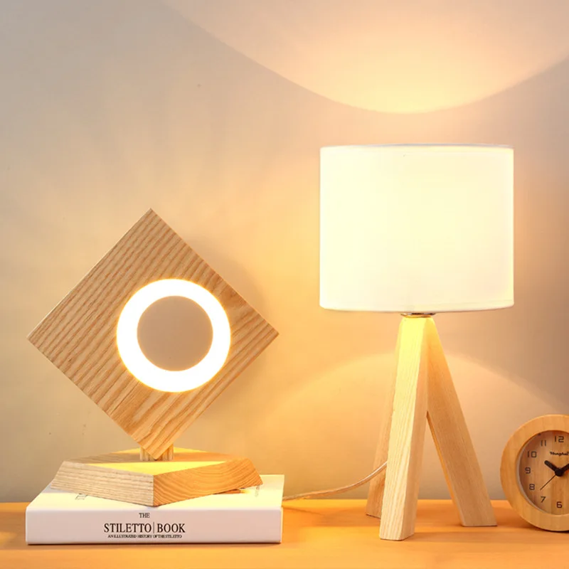 Modern  Wooden Led Eye Protection Table Lamp Japanese Creative Solid Wood Bedroom Desk Light With Square Triangle