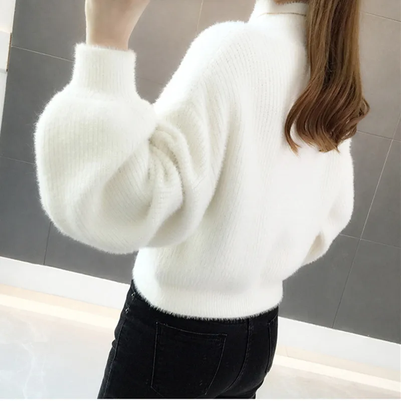 UHYTGF Women long sleeve sweaters Knit pullover turtleneck mink cashmere Winter sweater female High waist casual short tops 952