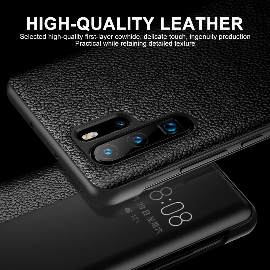 Genuine Leather Flip Cover For Huawei P30 Pro Case Luxury Original Smart Touch View Wake Sleep Up Protection