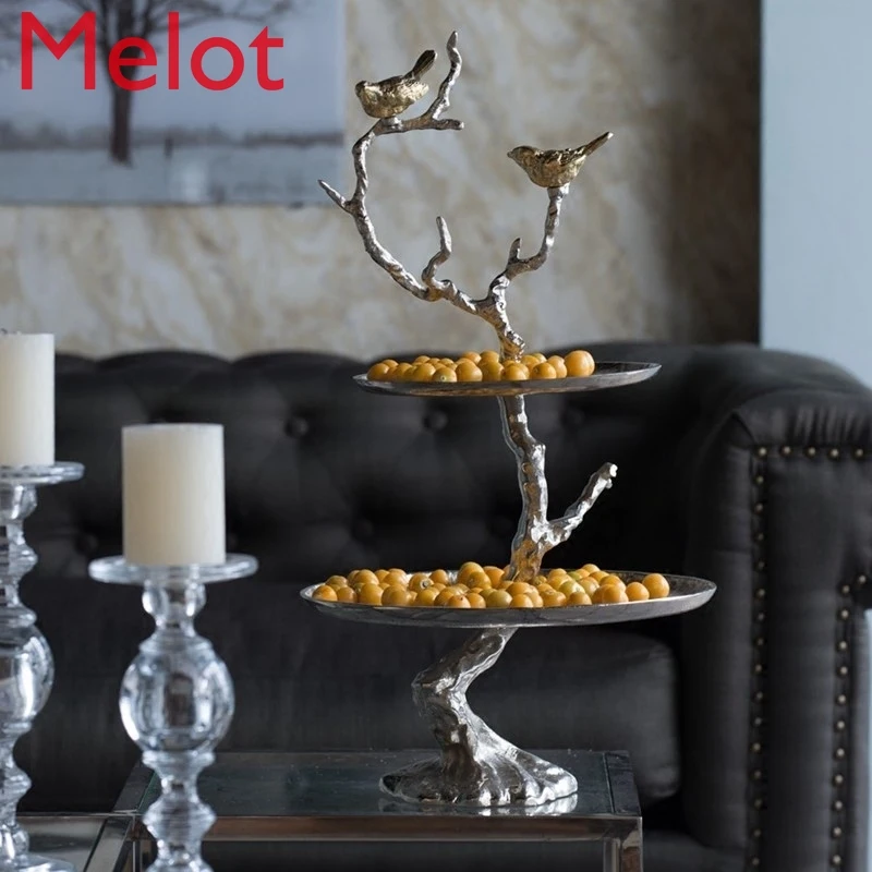 High-End Luxury Decorative Tray Hammer Grain Aluminum Bird Two Layer Cake Tray Table Tray Decorations Home Accessories