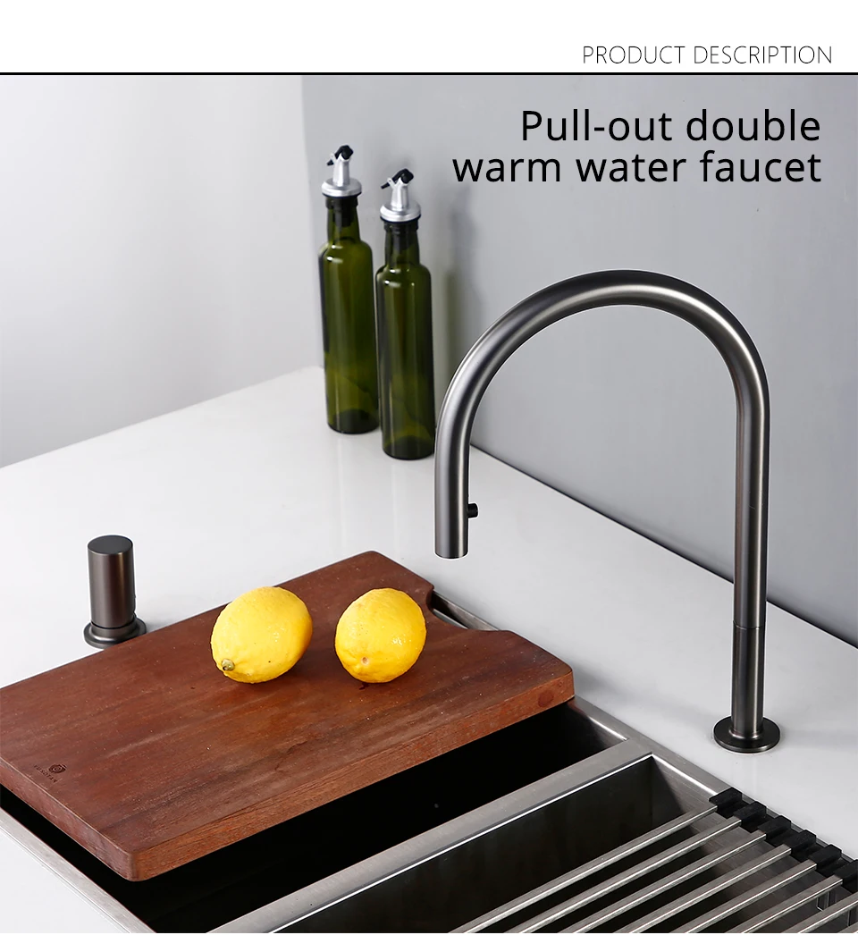 Pull Down Kitchen Sink Faucet Brushed Gunmetal Black Single Handle Double Hole Hot And Cold Sprayer Brass Countertop Mounted