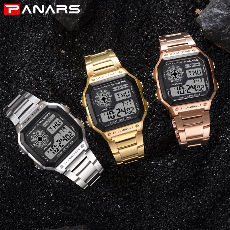 SYNOKE-reloj de pulsera Digital de acero inoxidable para hombre, cronógrafo de negocios, resistente al agua, 50M