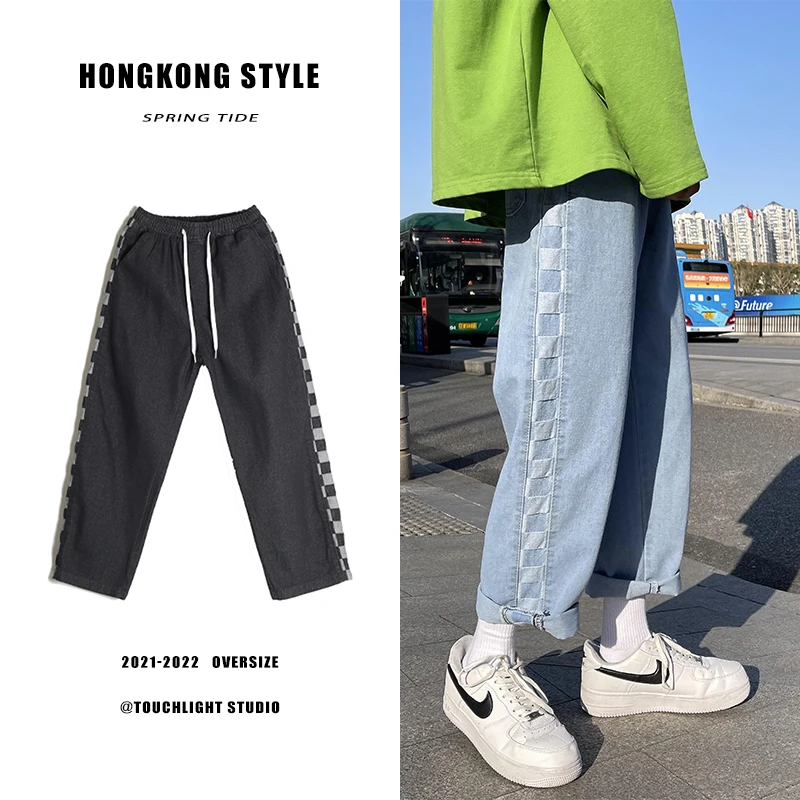 Spring patchwork jeans men's straight, plaid loose and versatile, ruffian and handsome trousers  pantalones de hombre 2021