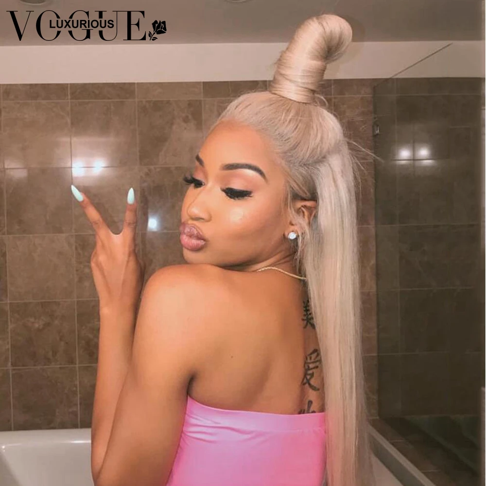 13x4 asch blonde Perücken mit gerader Spitze vorne vor gezupft graues Echthaar Perücken transparente Spitze Perücken für Frauen Echthaar