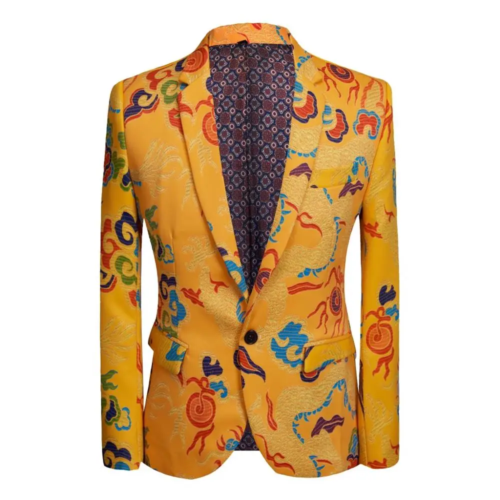 New Chinese style yellow dragon printed suit for men stage singer dress wedding dress men's printed suit