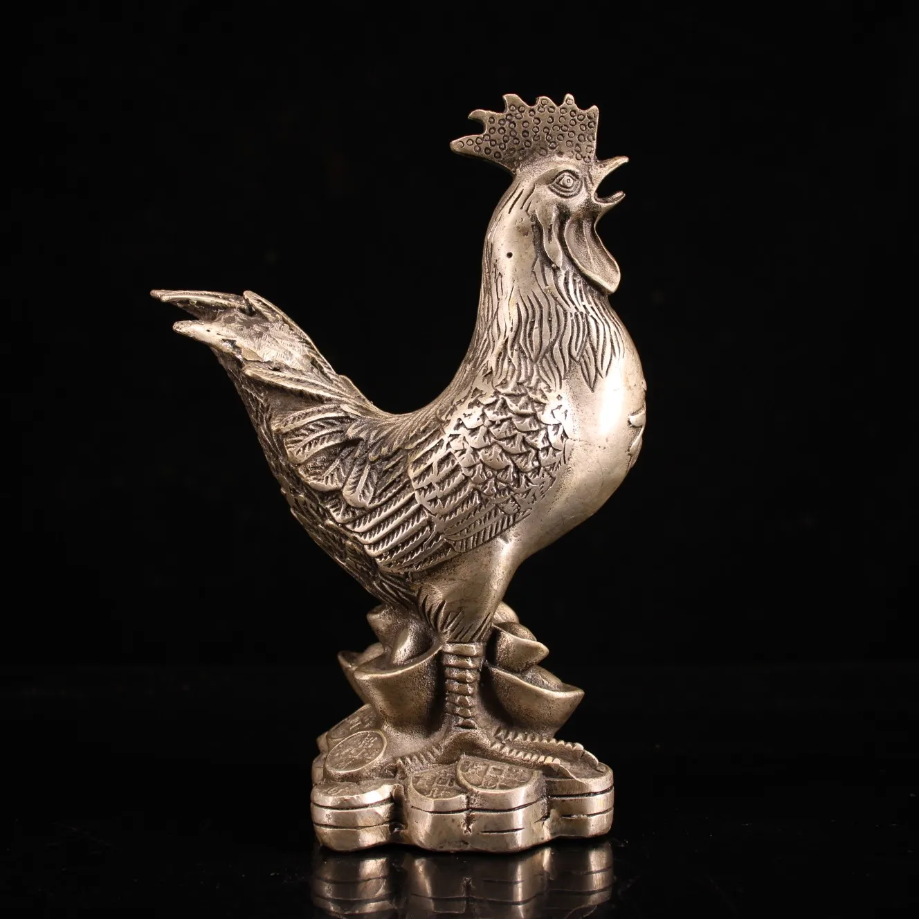 

7"Tibetan Temple Collection Old Bronze Gilded Silver Rooster statue Lucky Chicken Gathering Rooster Ornaments Town House