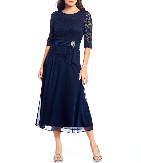 Renda corpete ruched cintura com broach mãe da noiva vestidos 3/4 manga plus size mãe vestidos de noite de madrina