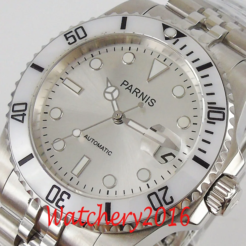 40mm Parnis Silver Dial Sapphire Glass Date White Ceramic Bezel Automatic Movement Mens Watch