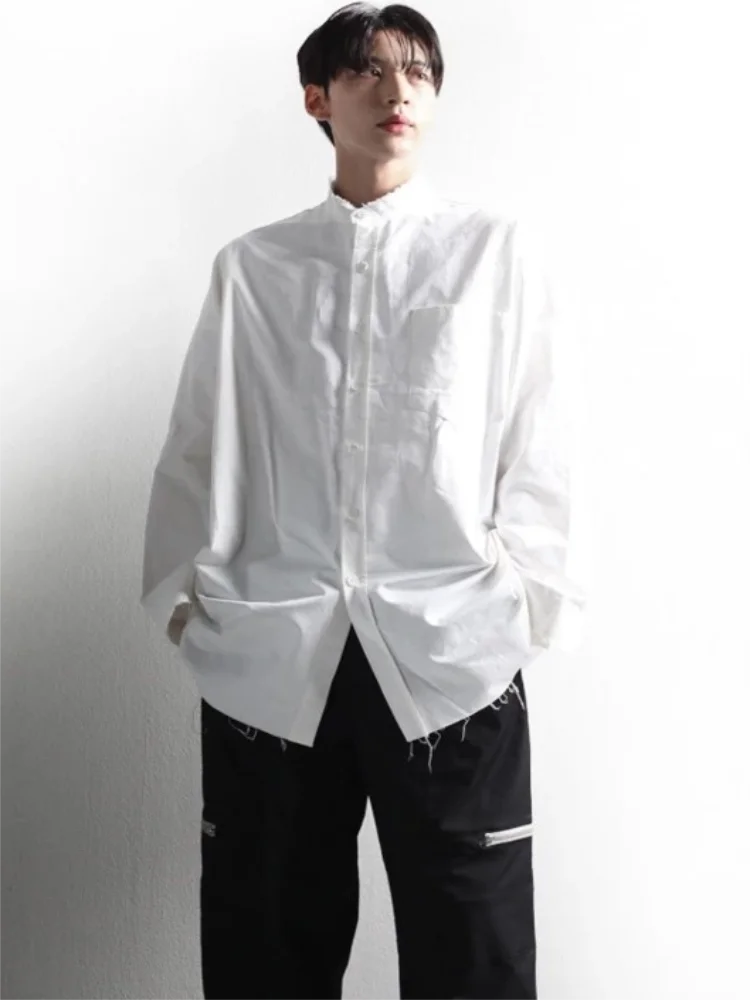 Men's Long-Sleeve Shirt Spring And Autumn New Solid Color Asymmetric Hem Design Stand Collar Casual Loose Large Shirt