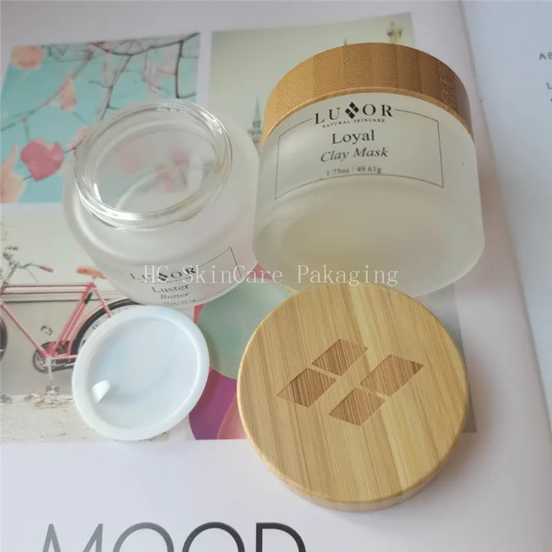 Luxury Clear Frosted Skin Care Packaging Cream Bottle Glass Skincare Packaging Cream Cosmetic Glass Jar Bamboo Screw Lid