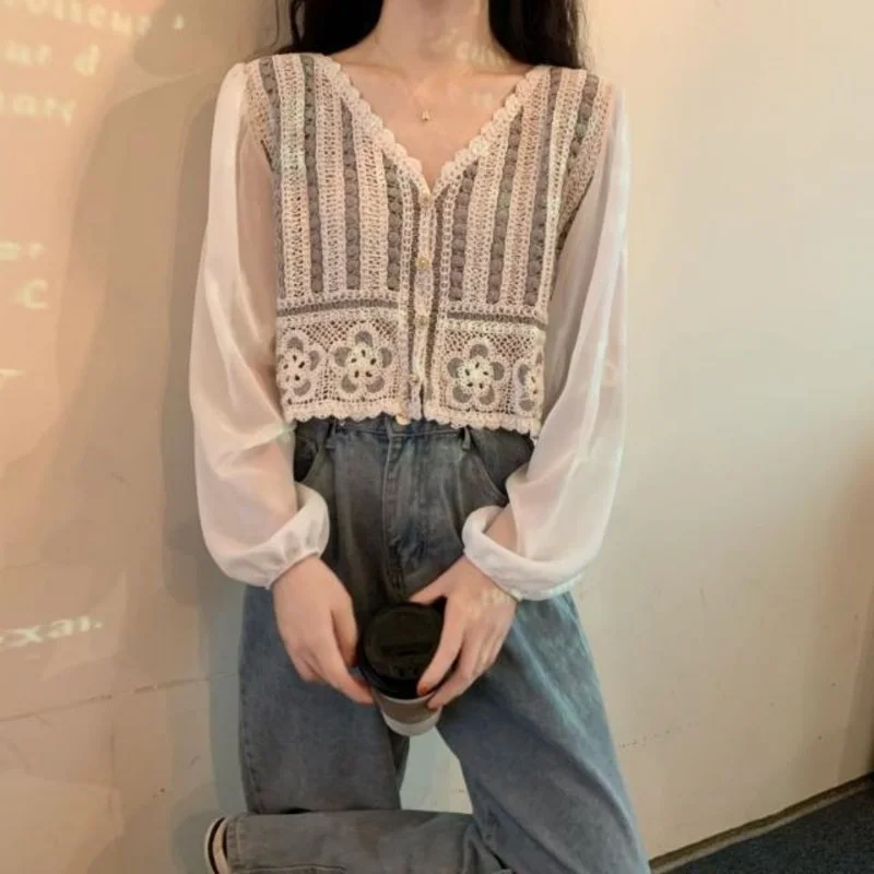 Women Shirts Chiffon Patchwork Embroidery V-neck Ladies Puff Sleeve Crop Top French Style Ruffled Female Hollow Out Shirt Trendy