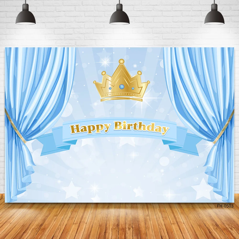 Gold Crown Blue Curtain Backdrops For Newborn Baby Boy Girl Princess Birthday Party Photography Banner Backgrounds Photo Studio