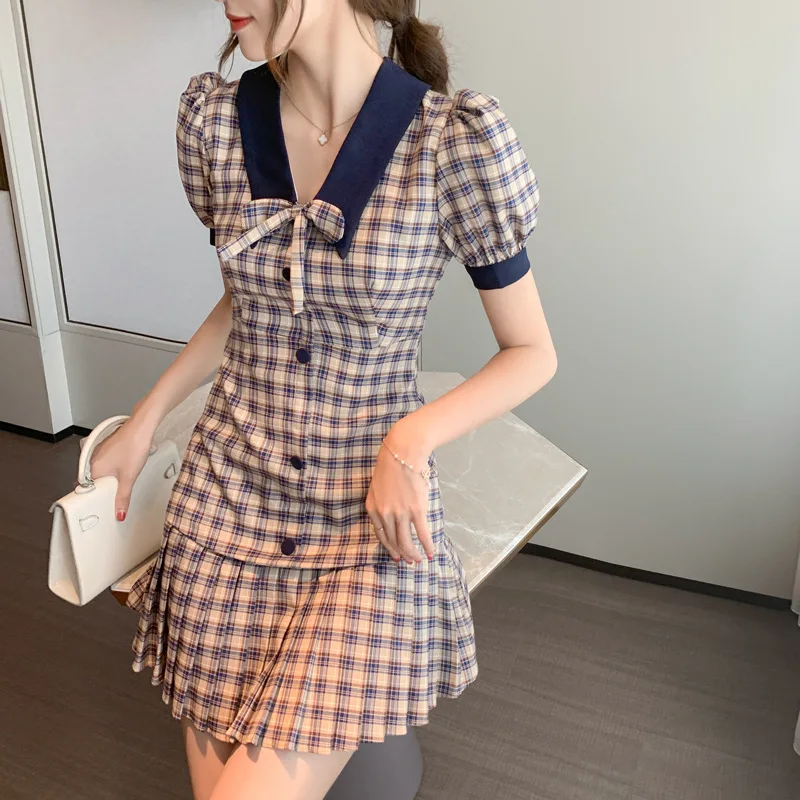 Korean Fashion Vintage Plaid Front Button Pleated OL Office Ladies Dress Sexy Short Dresses Lantern Sleeve Casual Shirt Dress