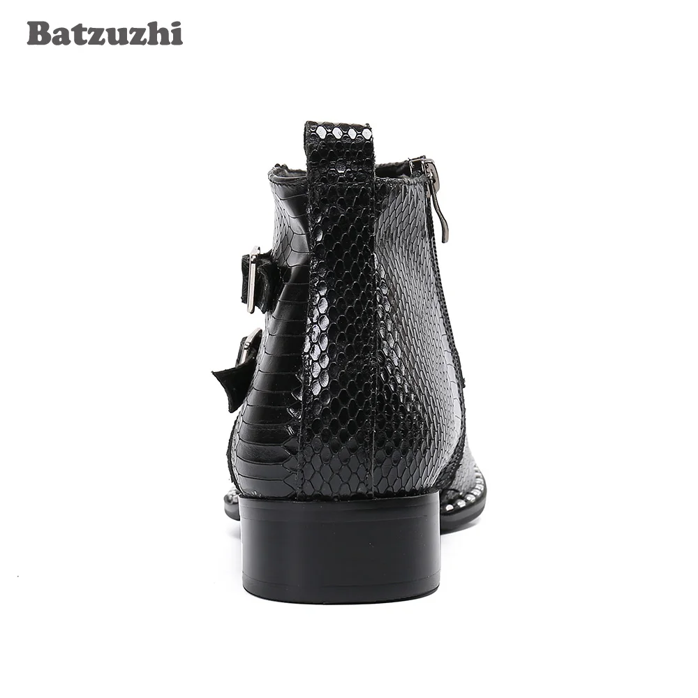 Batzuzhi Special Metal Toe Genuine Leather Ankle Boots Men Western Cool Men's Boots Shoes Buckle Zip Botas Hombre, Big Size 6-12