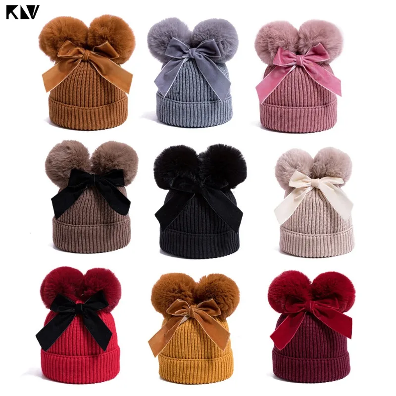 KLV – chapeau tricoté pour bébé fille, chaud, épais, à Double pompon, pour enfant