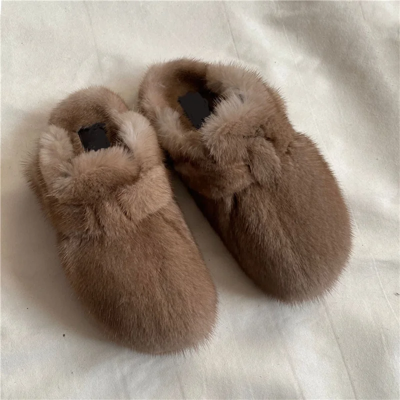 Women\'s Fur Slippers 100% Mink Fur Slippers Winter Fashion Warm Plush Flat Shoes 2023 New Indoor Slippers