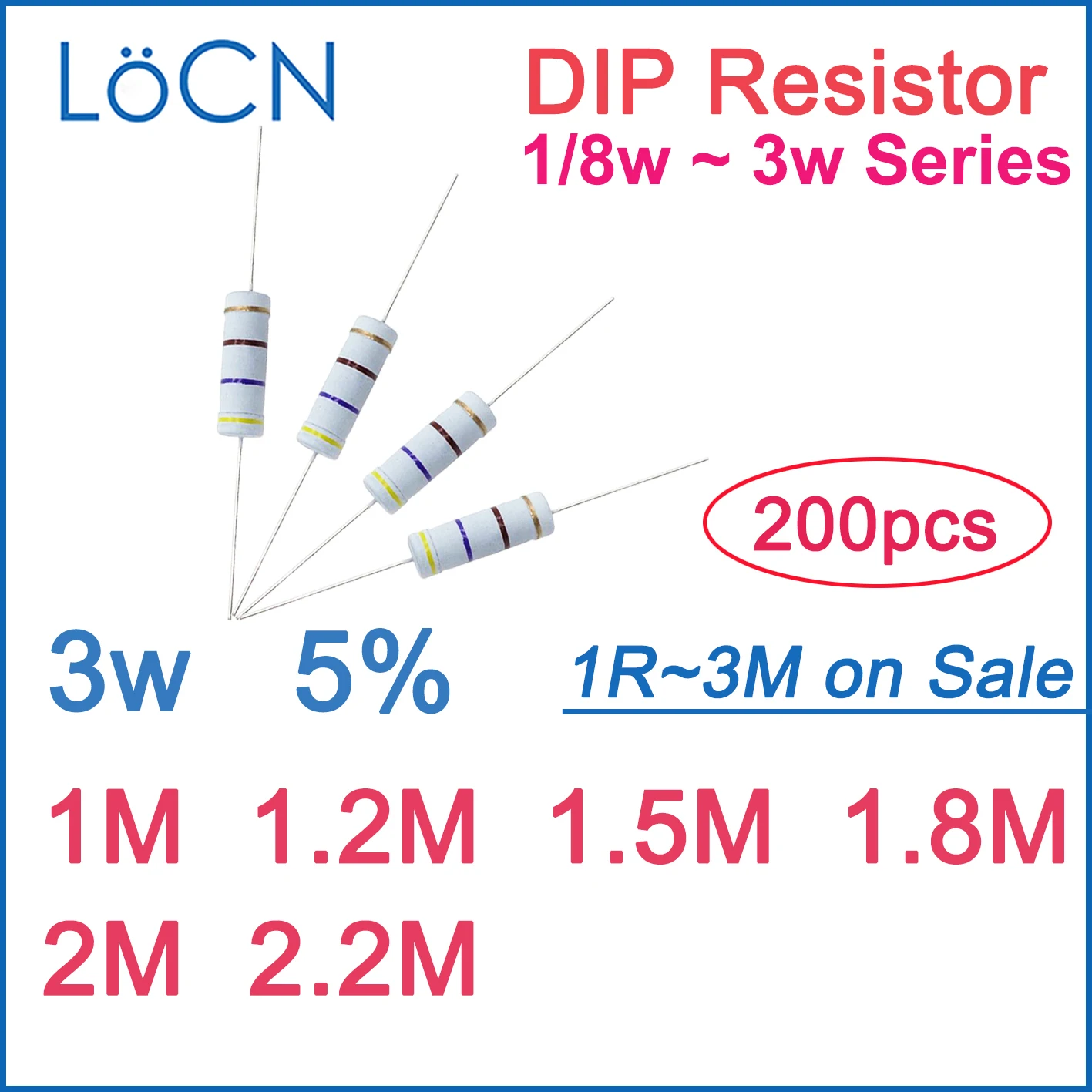 Resistor de filme de carbono, 200 peças, 1m, 5% m, 1.2m, 2m, 1.5m, 1m, 6w, 1w 8w 1/4w 1/2w
