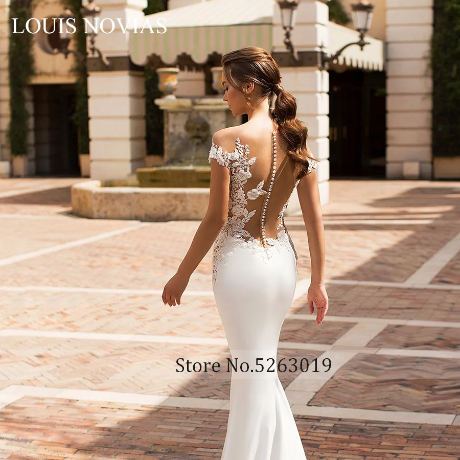 Louis Novias Gợi Cảm Người Yêu Thời Trang Hở Lưng Nàng Tiên Cá Áo Cưới Lãng Mạn Appliques Ngắn Áo Cưới Đầm Vestido De Novia