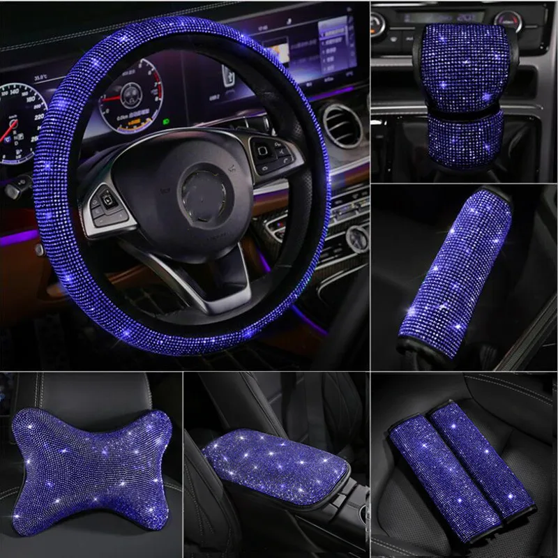 

Blue Hot Drilling Rhinestones Car Steering Wheel Cover Headrest Pillow Handbrake Cover Gear Shift Collars Car Interior Accessori