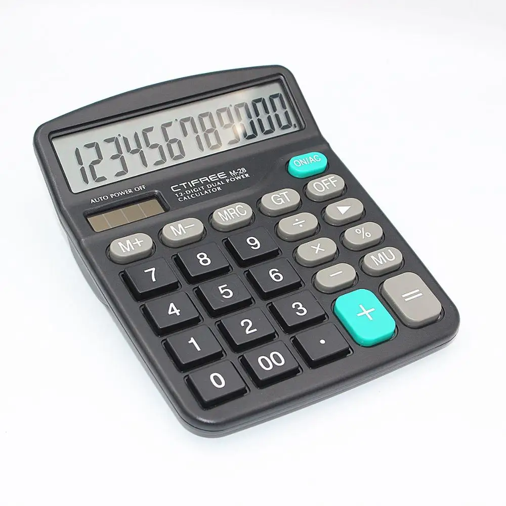 12 Digit Desk Calculator Large Buttons Financial Business Accounting Tool M-28 Black Color Big Size Solar and Battery Power