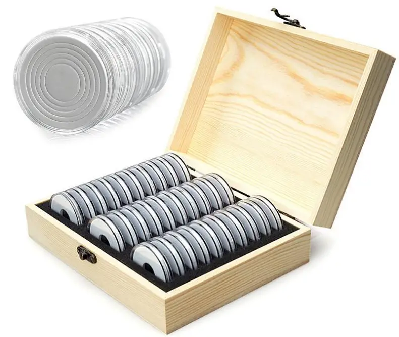 20pcs Wood Coin Holder Coins Ring Storage Box 20/30/50/100 Coin Capsules Accommodate Collectible Commemorative Coin Box SN3030