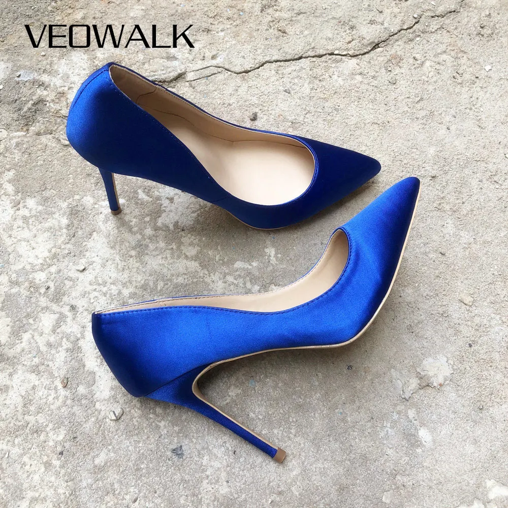 Veowalk Royal Blue Women Silk Satin Stilettos High Heels Elegant Ladies Fashion Pointed Toe Slip-on Pumps Party Dress Shoes