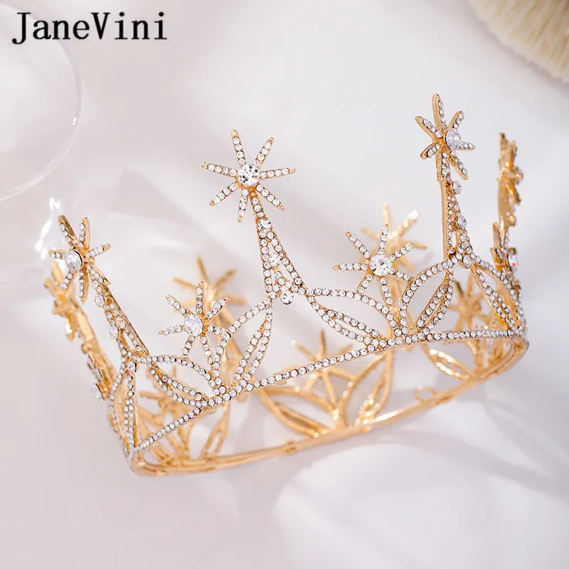 JaneVini Luxury Gold Bridal Tiaras Crowns Silver Crystal Beaded Round Bride Wedding Headwear Jewelry Hairbands Hair Accessories