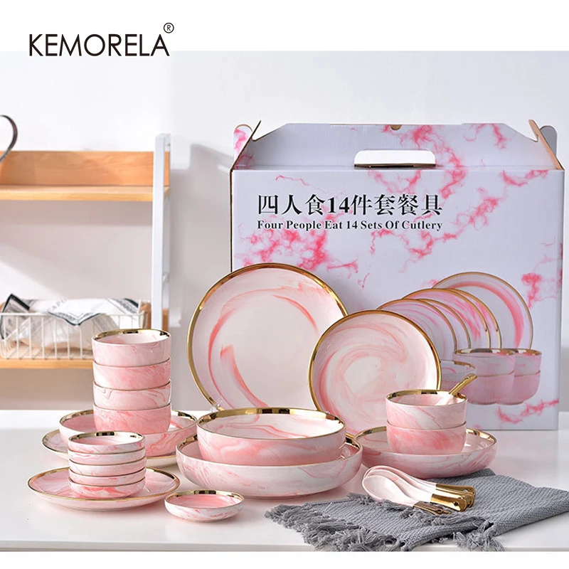 

14PCS Set For 4 People Pink Marble Ceramic Dinner Dish Rice Salad Bowl Soup Plates Dinnerware Sets Tableware Kitchen Cook Tools