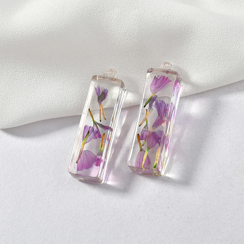Transparent three-dimensional geometric rectangular natural dried flower enclosed pendant DIY handmade earrings 2pcs