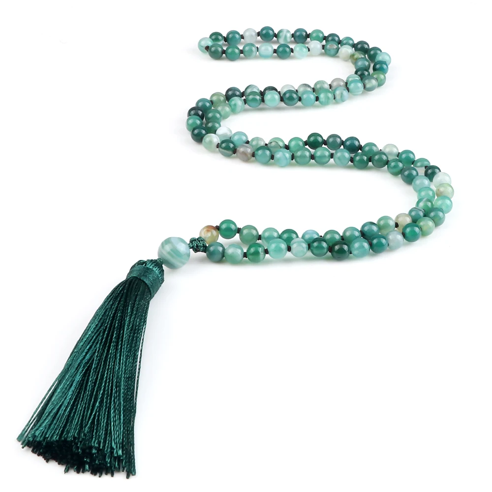 108 Beads Prayer Necklace Natural Green Stripe Onyx Stone Buddhist Buddha Meditation Bead Mala Necklace Women Men Jewelry Gifts