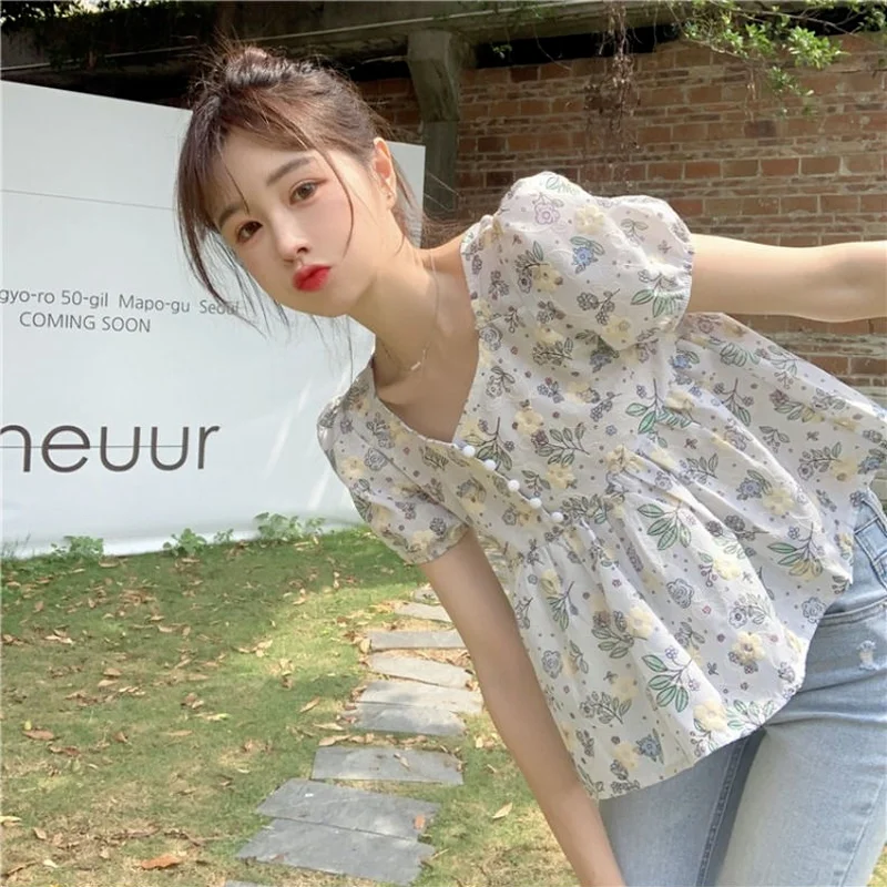 Shirts Women V-neck Floral Embroidery Summer Korean Style Girlish Version Puff Sleeve Mujer Casual Daily Female Clothing Newly