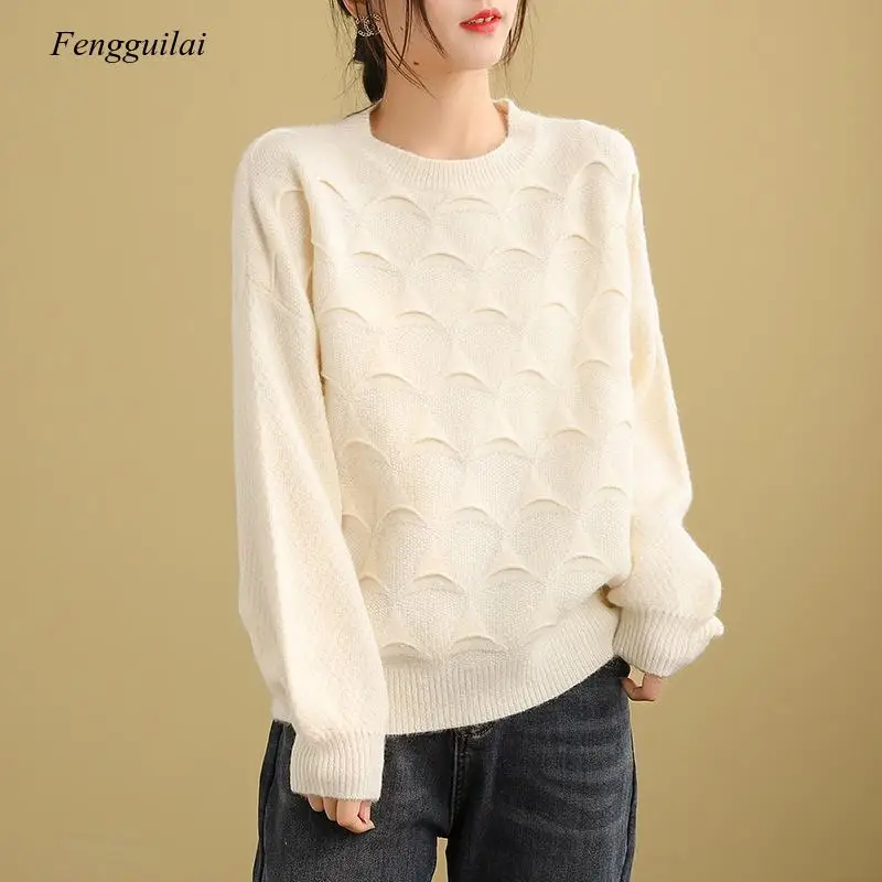 Autumn Winter Solid Color Knitted Sweater Women Thick Bottoming Tops Long Sleeved High Quality Pullovers Vintage Casual Outwear