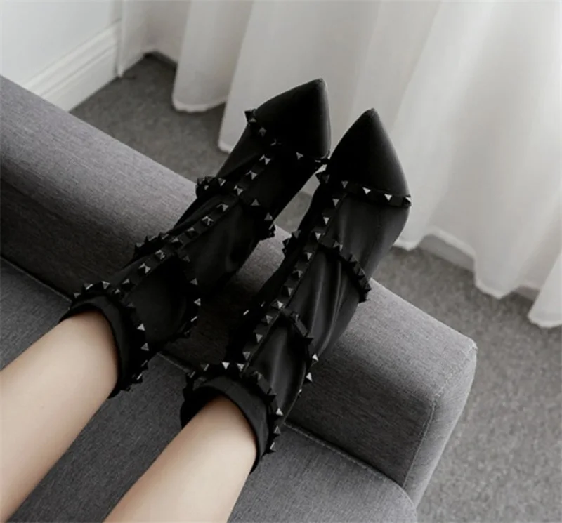 New Sexy Pointed Toe Ankle Boots Fashion Women Wedding shoes Red Thin High Heel Stretch Fabric Rivet Short Booties Ladies Shoes