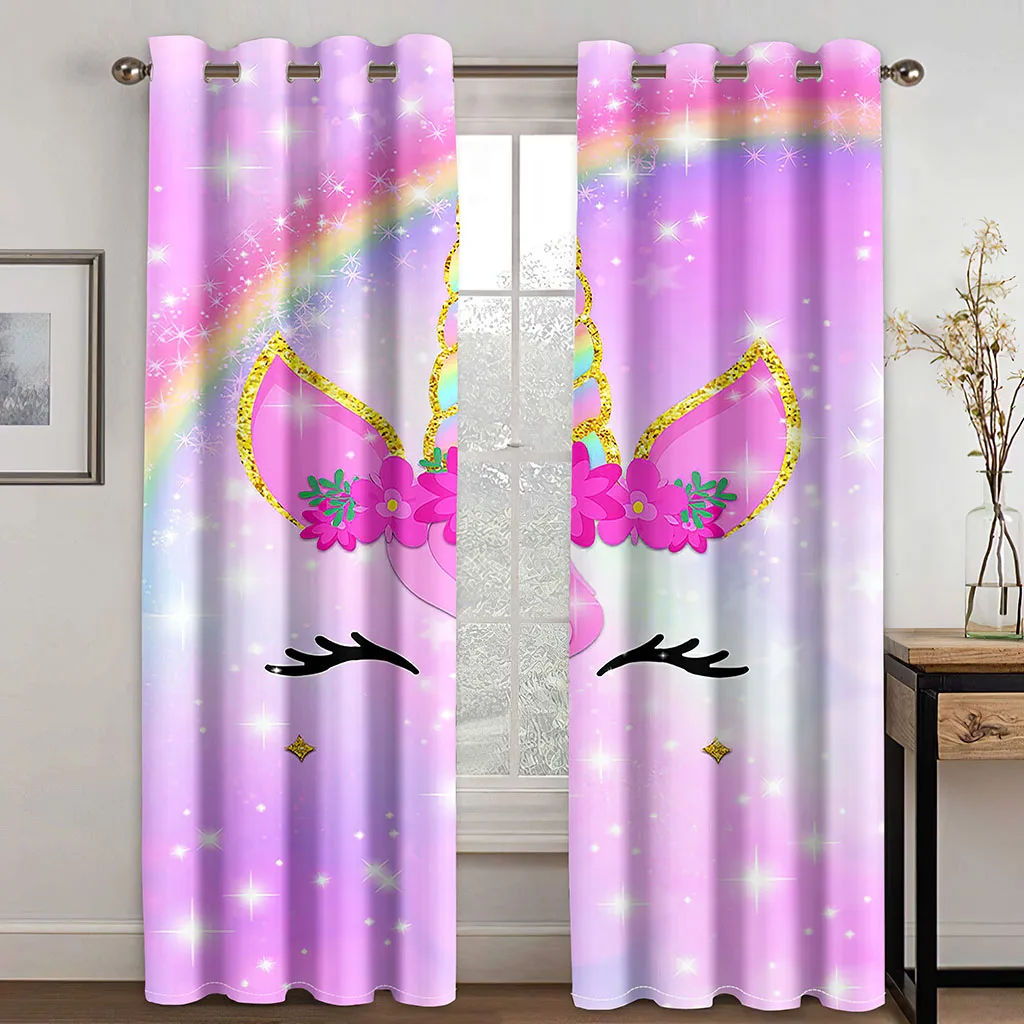 Rainbow Unicorn Blackout Curtains for Girls Bedroom 2 Panel Set Window Curtains for Living Room カーテン Cortinas Para La Sala