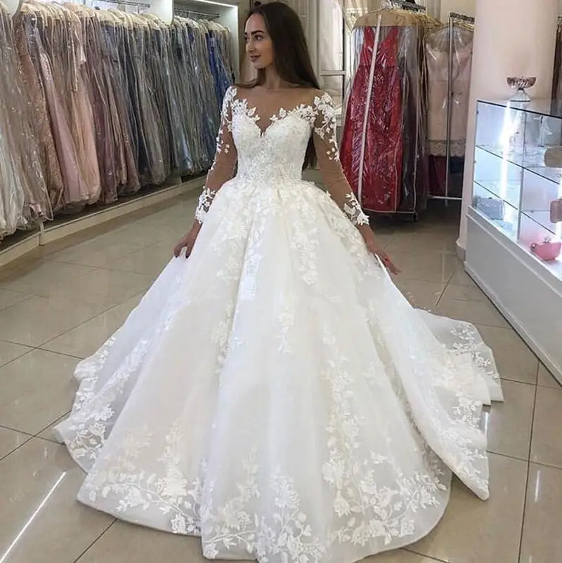 2022 New V Neck Long Sleeve Wedding Dresses Saudi Arabia Lace Bridal Gowns Court Train Elegant Lace Bridal Gown Vestido De Noiva