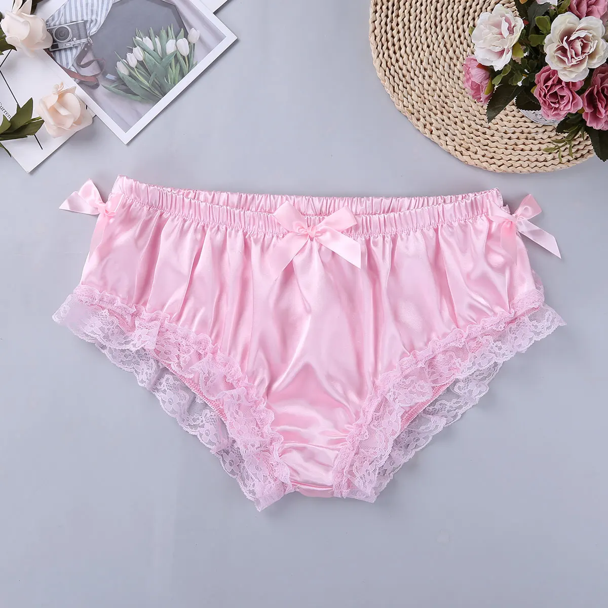 Conjuntos de lingerie maricas para homens, babados cetim, alças largas elásticas, tops de sutiã sem fio, cuecas florais de renda, roupas íntimas, pijamas quentes