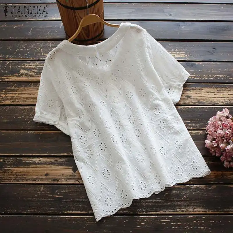 Bohemian Lace Top Women\'s Embroidery Blouses ZANZEA 2023 Casual Short Sleeve Blusas Female Button O Neck Tunic Oversized Chemise