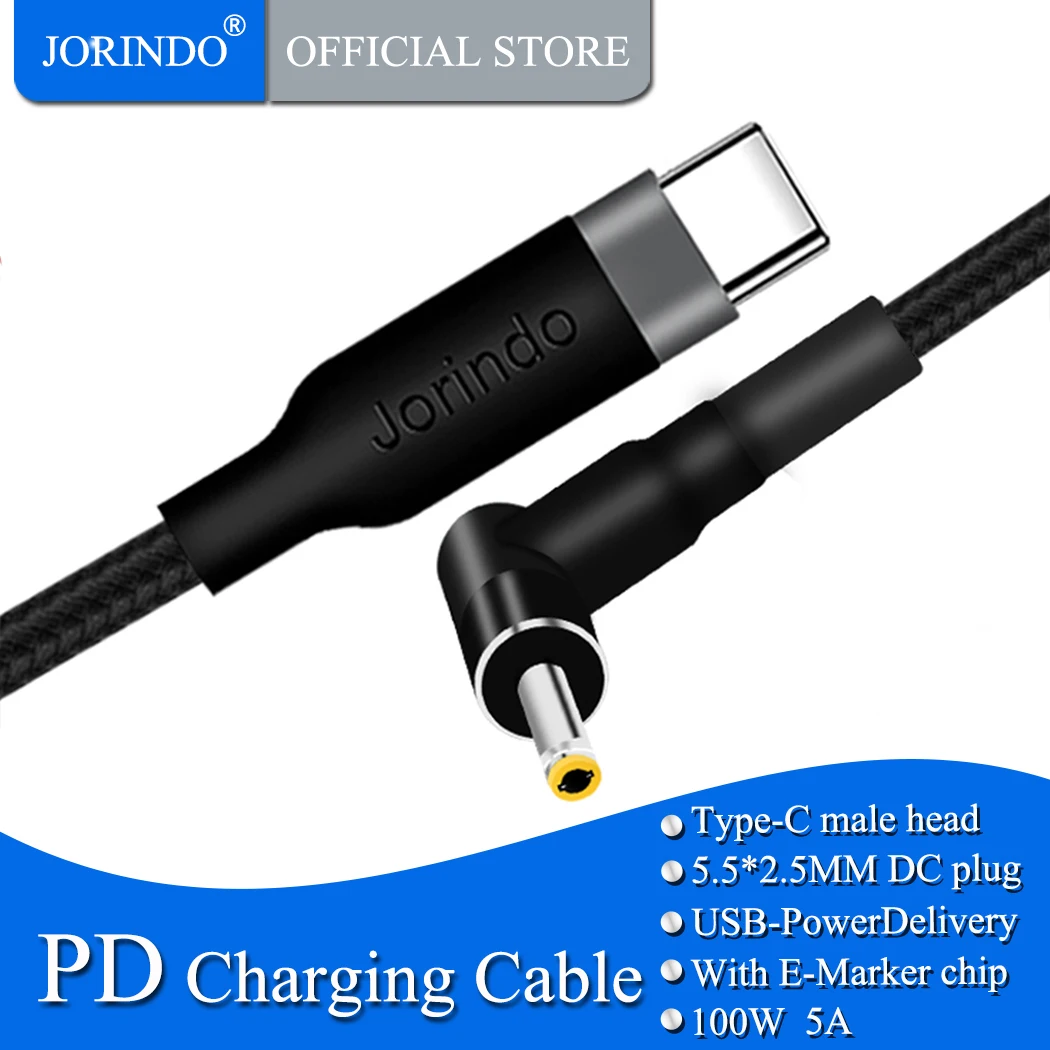 JORINDO Type-C male plug to DC5.5*2.5MM male plug Fast charging power cable for laptop，USB-C to DC5525 ，100W,5A