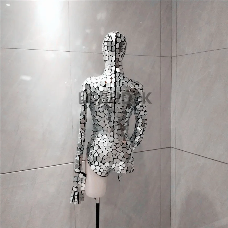 Body à capuche Sexy à paillettes argentées, vêtements de scène pour spectacle de Robot, miroirs, gants, tenues de danse, Costume de troupe de danseuse, boîte de nuit