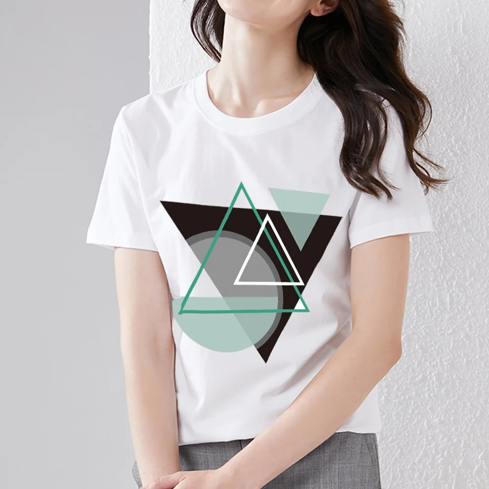 Women's T-shirt Sweet Slim Top Basic Women's Design Geometric Triangle Pattern Printing O-Neck Casual All-match Commuter Top