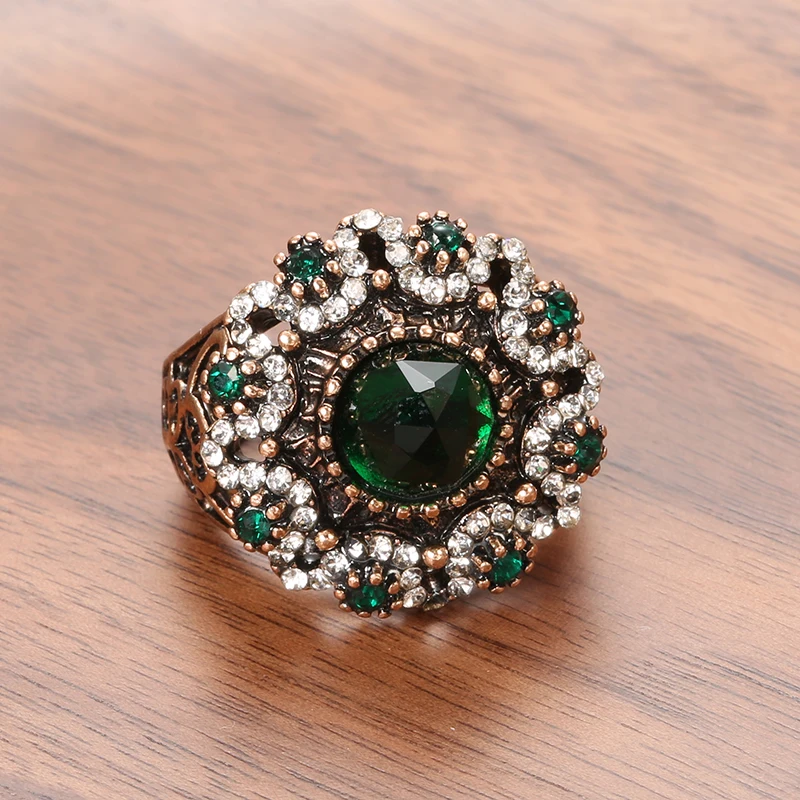 Kinel Hot Green Natural Stone Antique Rings For Women Vintage Wedding Jewelry Boho Crystal Flower Party Ring Christmas Gifts