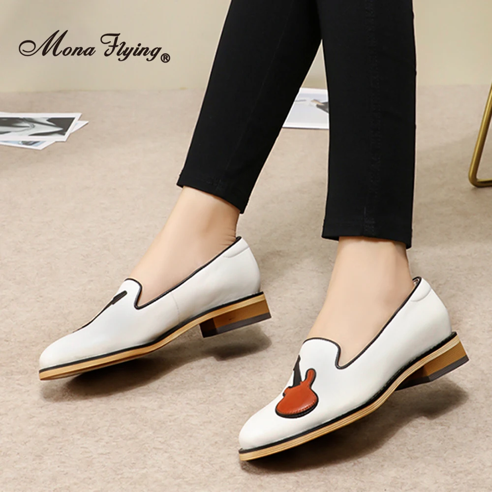 Mona Flying Women Genuine Leather Penny Loafer Comfort Hand-made Causal Slip-on Flat Shoes with Guitar Pattern for Ladies L068-2