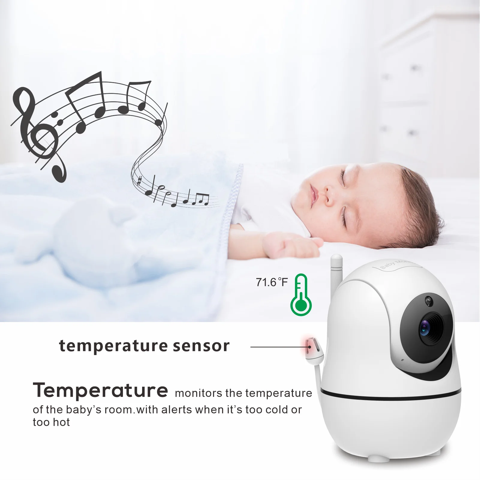 Moniteur Vidéo et Audio avec Vision Nocturne pour Bébé, Accessoire avec Capteur de Température et Berceuse, 5 Pouces, 2 Caméras, 4X Zoom et 1000Ft