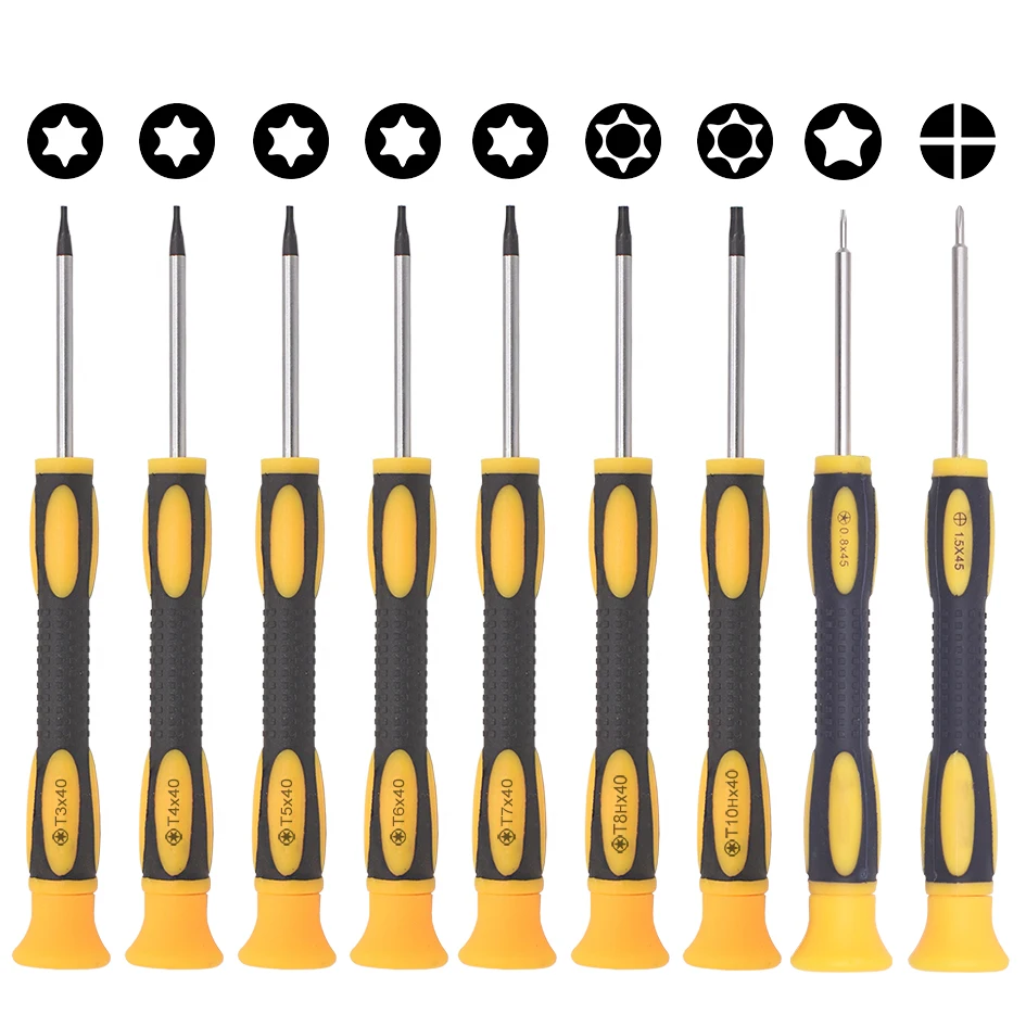 

Yellow Plastic Handle CR-V Screwdrivers 0.8 Pentalobe 1.5 Phillips Torx T3 T4 T5 T6 T7 T7H T8 T8H T10 T10H Screwdriver Repair